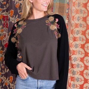 NATURAL LIFE Black and Brown Embroidered Long Sleeve Tee